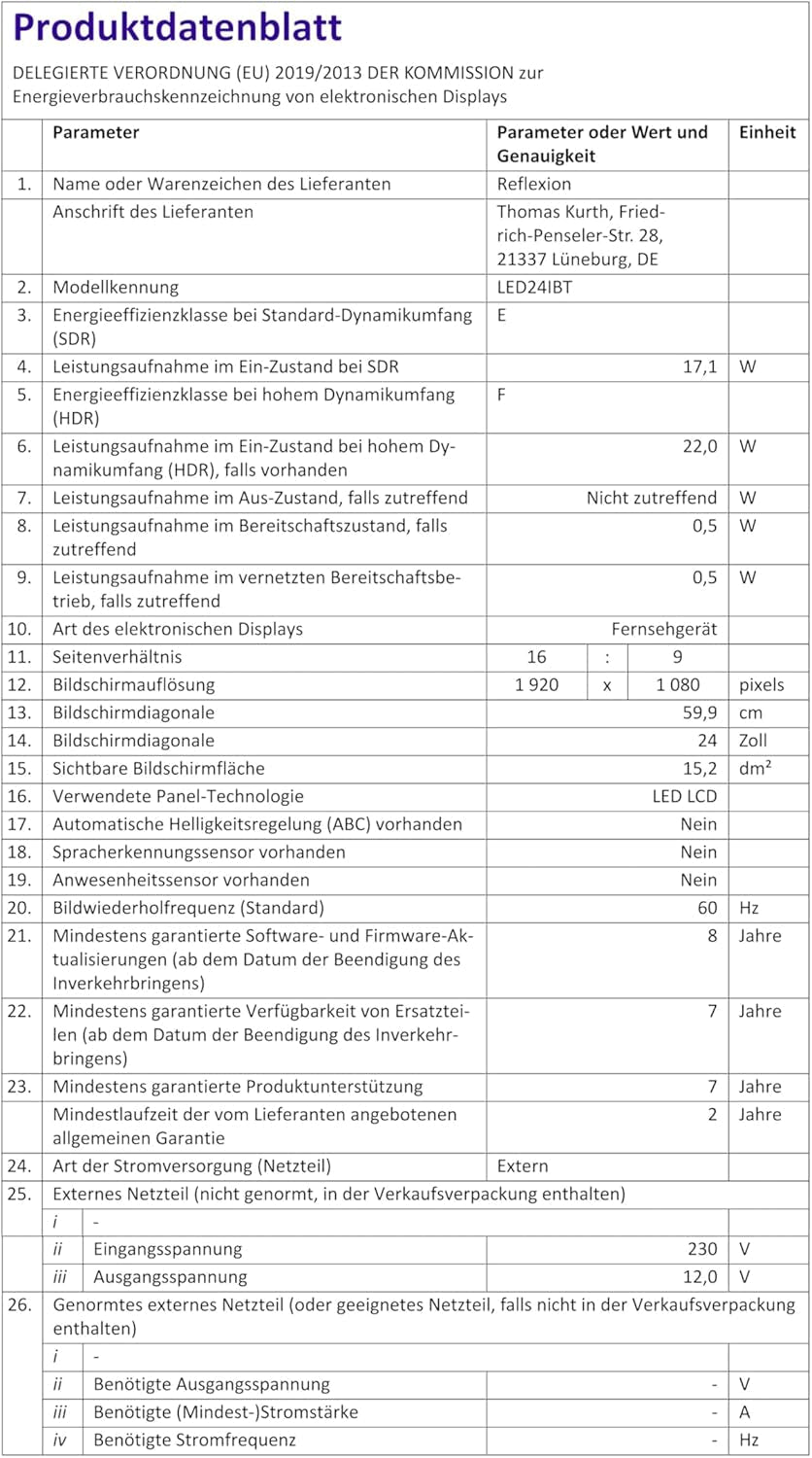 Televizor inteligent Reflexion LED24iBT de 24 de inci cu soundbar, Full HD, WLAN, Bluetooth, HDMI, USB, CI+, adaptor auto de 12V – ideal pentru autorulote, caravane, rulote și bărci – incl. telecomandă