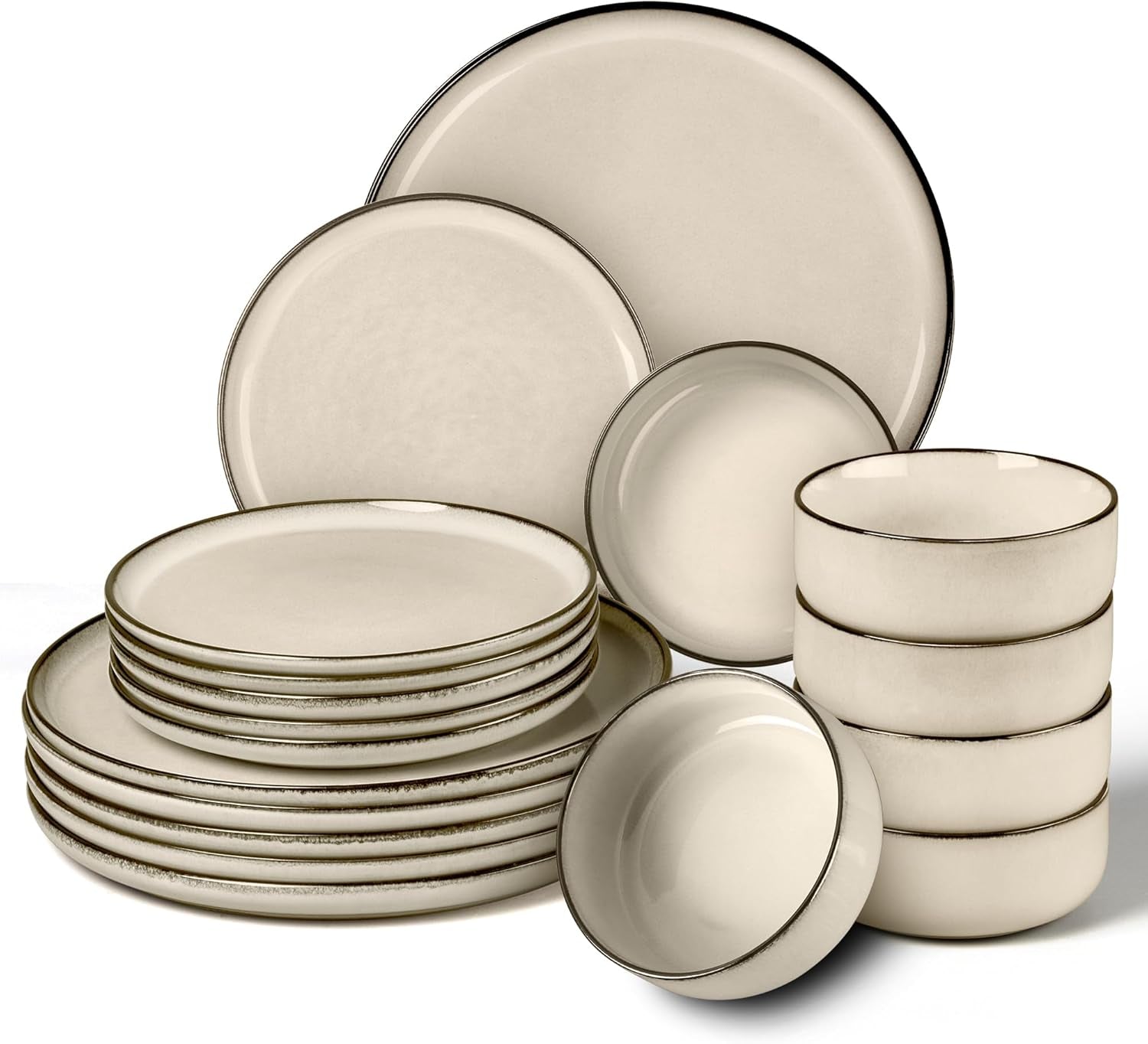 Set de veselă pentru 6 persoane, serviciu de cină din gresie cu 18 piese, set combinat, 6 farfurii de cină, 6 farfurii de desert, 6 boluri pentru cereale, antizgârieturi și potrivit pentru cuptorul cu microunde - Karst Khaki