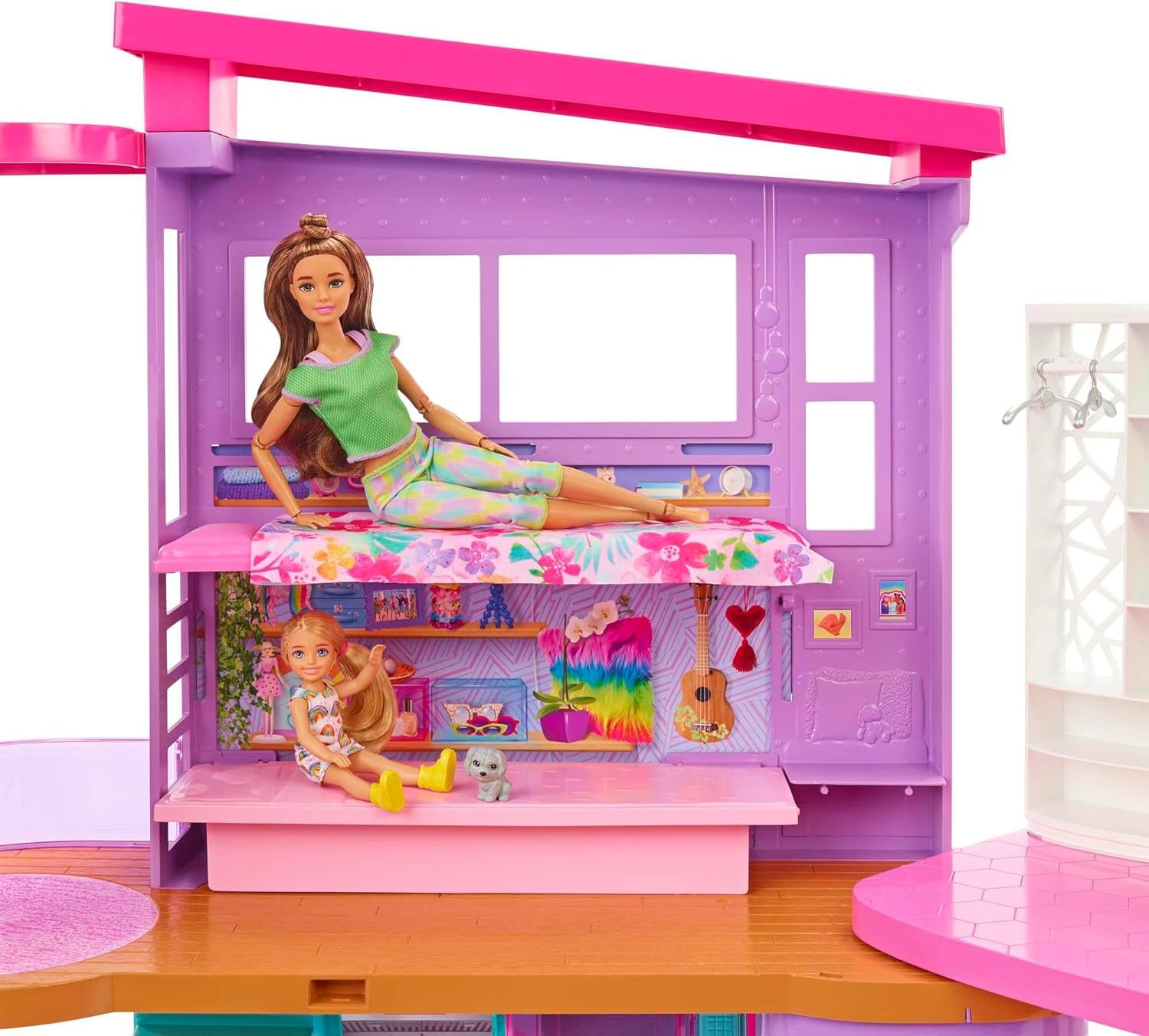 Casă de vacanță Barbie (116 x 77,9 cm), 6 locuri de joacă, complet mobilată cu accesorii, mobilier și lift, pliabilă și depozitabilă, păpușă, cadou pentru copii cu vârsta de 3 ani și peste, HCD50