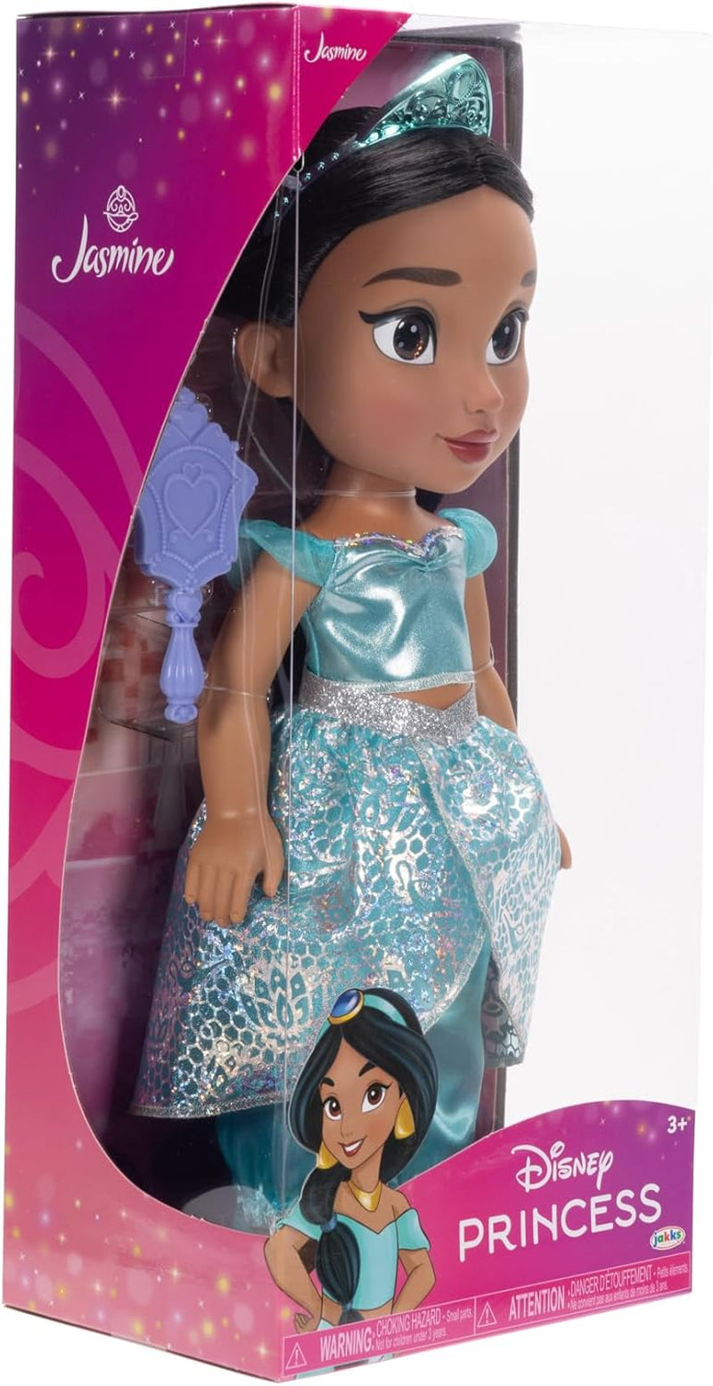 Disney Princezna Jasmin Puppe 35 cm, reflexní lesk, bewegliche Gelenke, ausziehbares Outfit, Schuhe, Krone, langes geflochtenes Haar, für Mädchen ab 3 Jahren