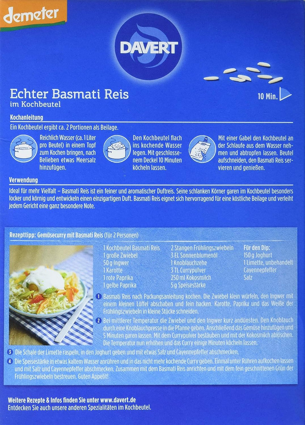 Davert bio rýže Basmati ve varných sáčcích, 2 sáčky, 250g