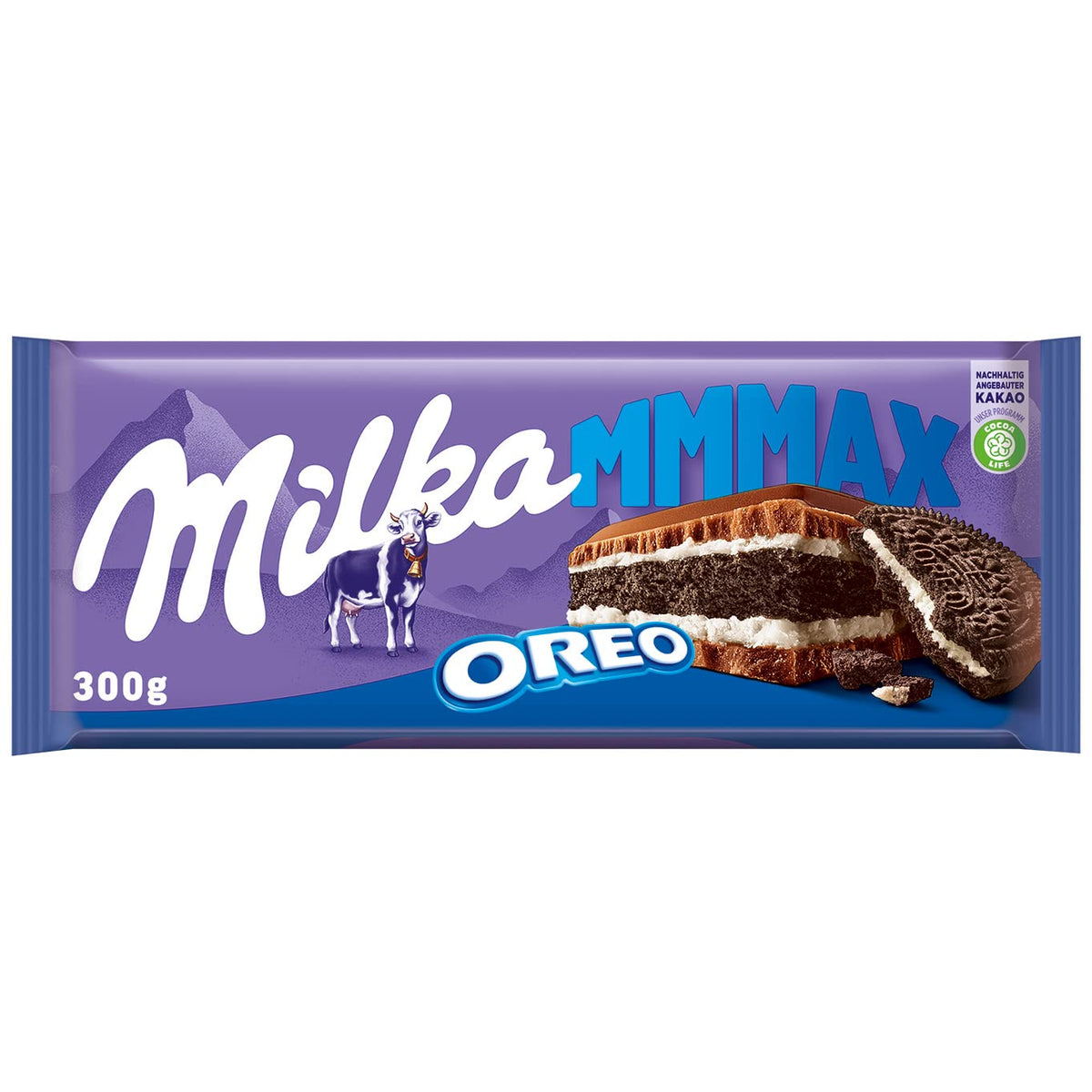 Milka Mmmax Oreo – Čokoláda z alpského mléka s křupavými sušenkami Oreo a mléčným krémem – 300g
