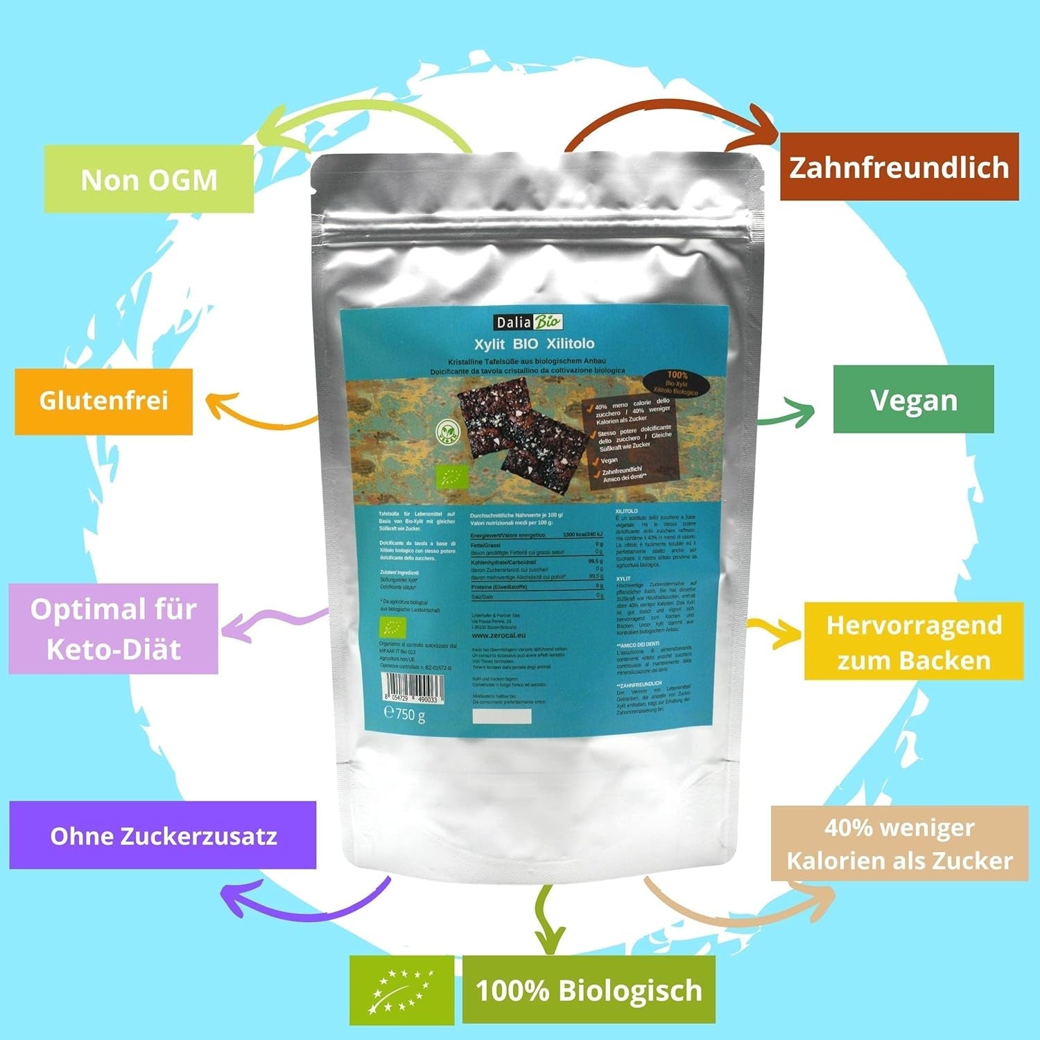 Bio Xylit Bio | Aus Biologischer Landwirtschaft | 40 % Weniger Kalorien | Zahnfreundlich | Ideal Zum Kochen Und Backen, 750 G Indulcitori Naty Shop