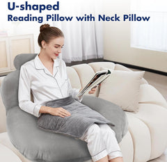 Pernă de citit, pernă de spate în formă de U cu pernă de gât, pernă de gaming gri, pernă pentru citit, joacă, lucru, odihnă