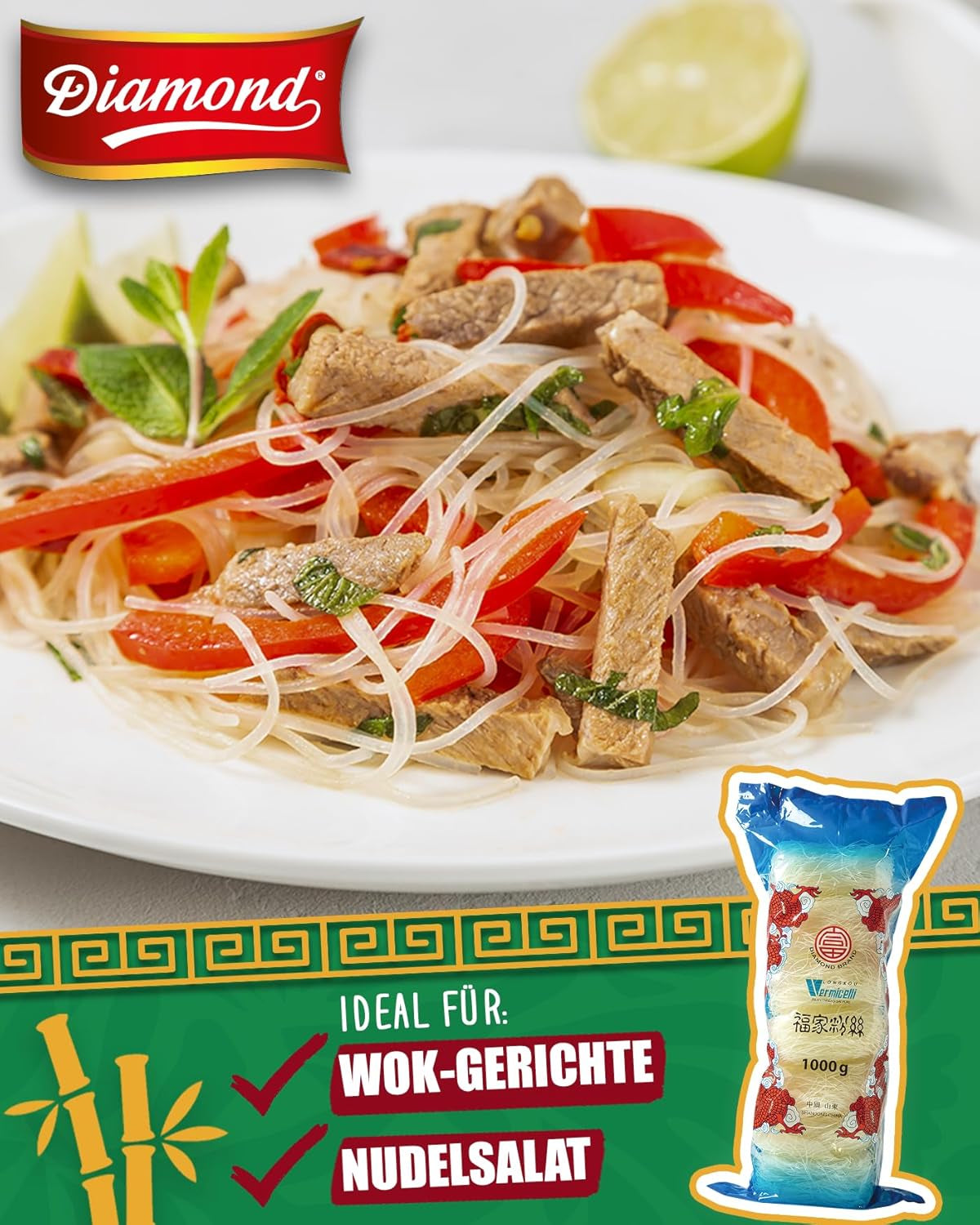 DIAMANTOVÉ skleněné nudle, dlouhé skleněné nudle, přirozeně veganské a bez lepku - 1 x 1 kg