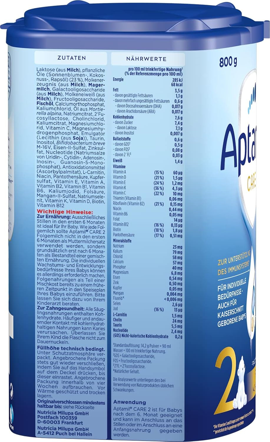 Aptamil Care 2 - Pokračovací mléko po 6 měsících, s Omega 3 a 6, DHA a ARA, bez palmového oleje, dětská výživa, sušené mléko, 1 x 800 g (balení 3 ks)