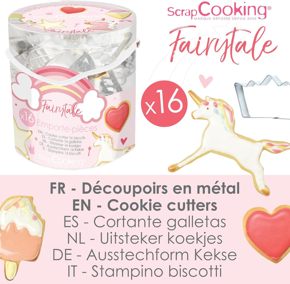ScrapCooking - Set de 16 forme de biscuiți Unicorn - Forme de biscuiți - 16 piese - Curcubeu, Zână, Sirenă, Coroană, Floare - Formă de copt - Forme de biscuiți din oțel inoxidabil - 2027