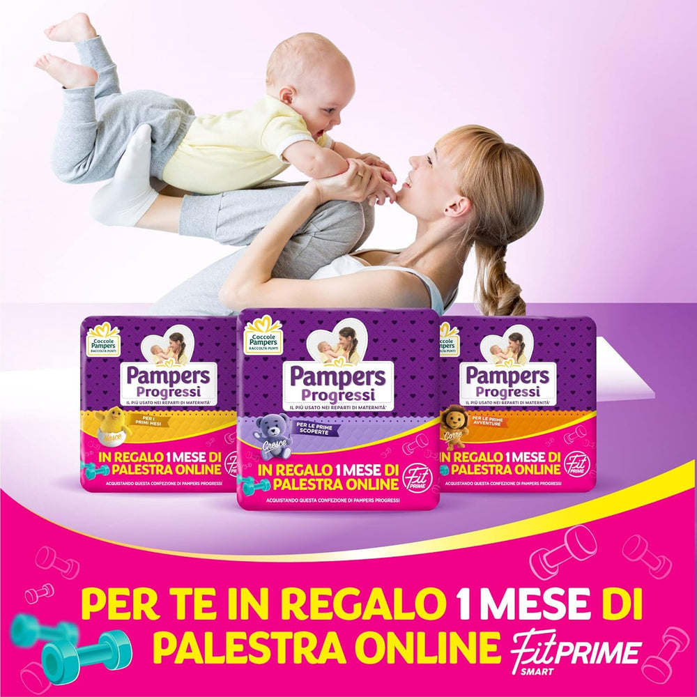 Pleny Pampers Progressi & Fit Prime Midi, krátký formát, 162 plen, velikost 3 (4-9 kg), online členství v posilovně na 1 měsíc jako dárek