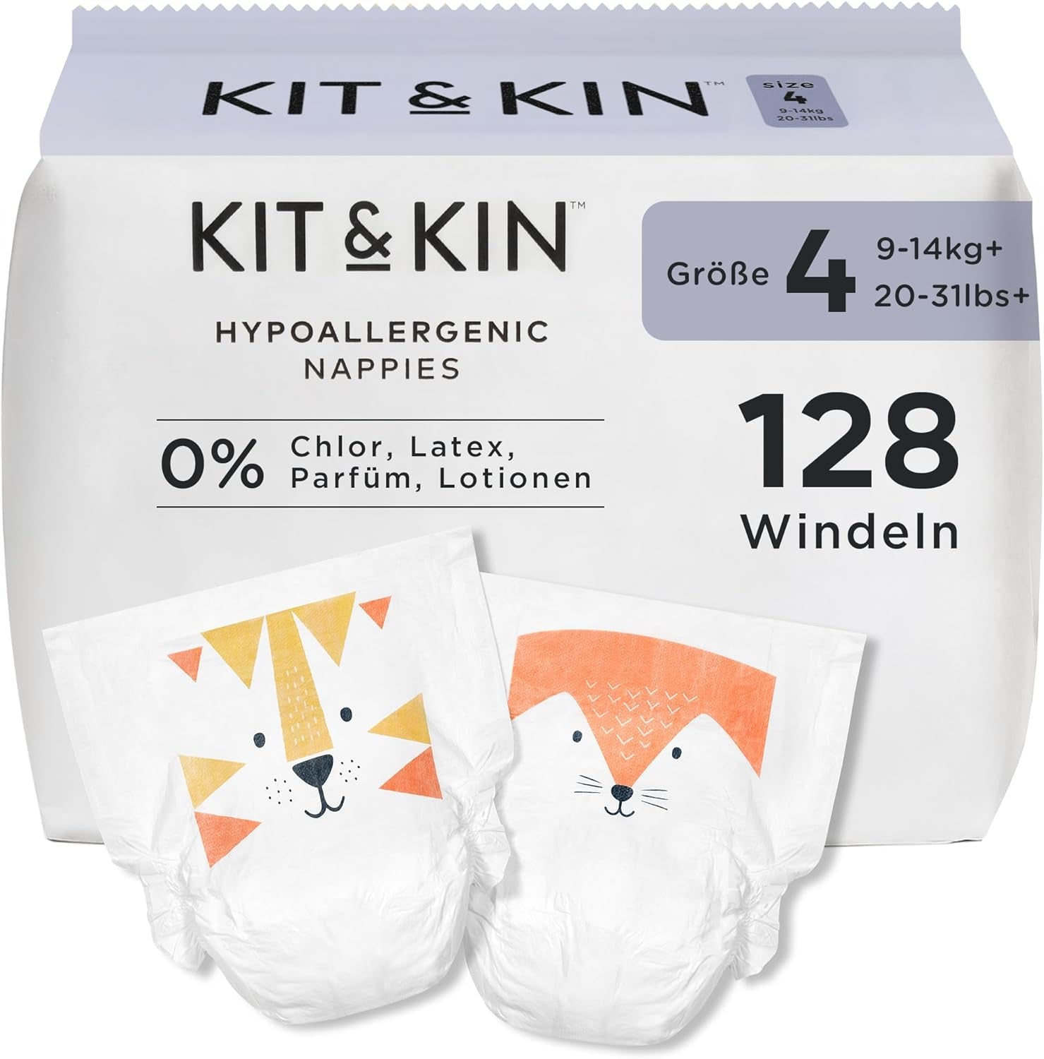 Plenky Kit & Kin Premium, velikost 4 (9–14 kg), počet 128, rostlinné a hypoalergenní, spolehlivá ochrana proti úniku, veganské a bez krutosti