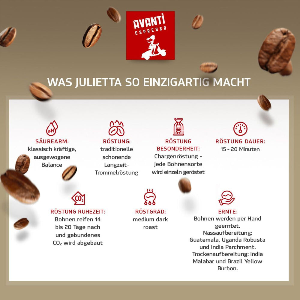 Boabe de cafea AVANTI Julietta Espresso, 500g, 70% Arabica 30% Robusta, prăjire tradițională în tambur