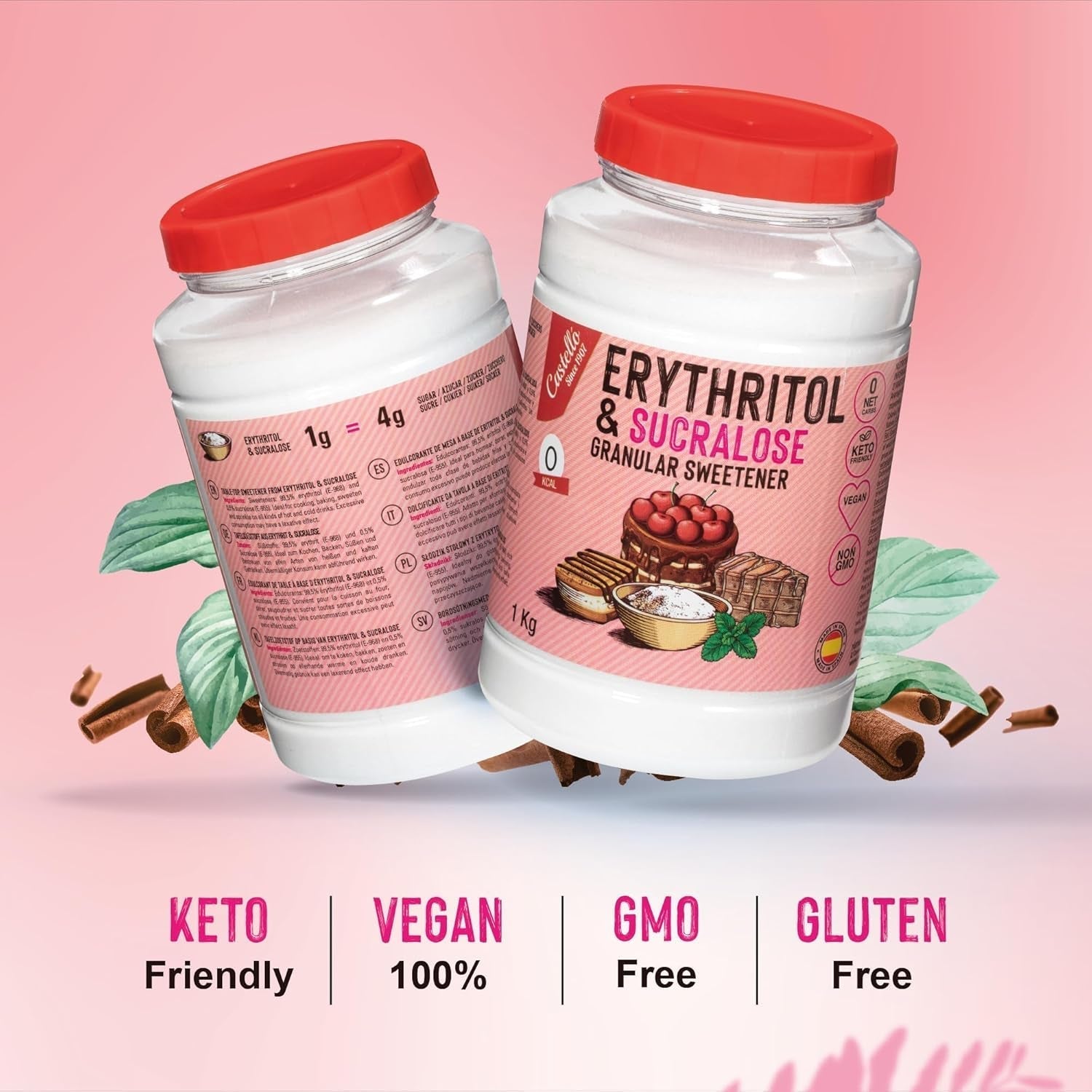 Erythritol + sukralóza 1:4 Süßstoff | 1G = 4G Zucker | 0 Netto-Kohlenhydrate - 0 Kalorie - 0 Glykämischer Index - Keto - Kein GVO - Castello od roku 1907 - 1 kg Sladidla Naty Shop
