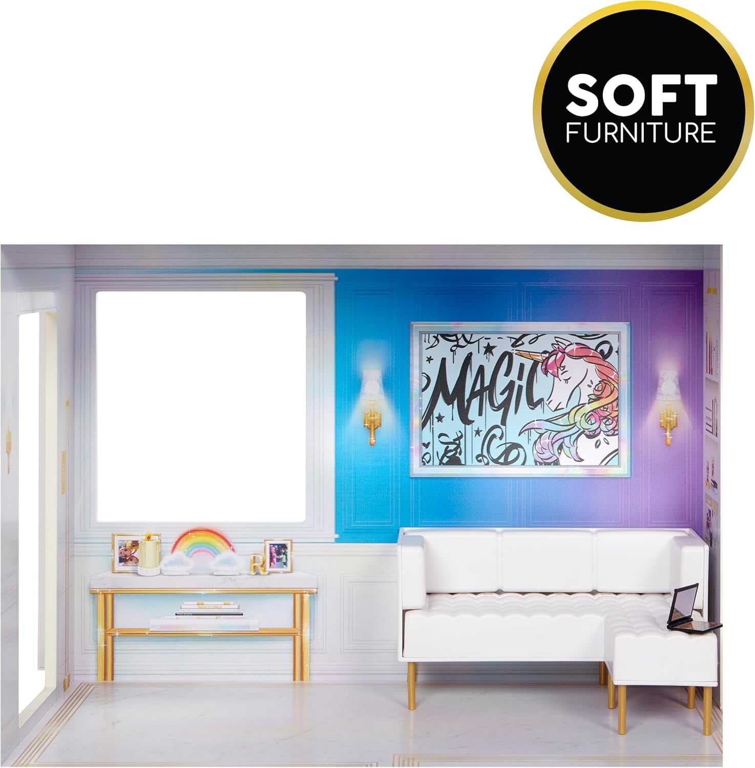 Rainbow High Townhouse - 3patrový dřevěný domeček pro panenky s 5 barevnými pokoji a terasou - Plně zařízený dům s výtahem a funkčními doplňky - Hračka pro děti 4-12 let Naty Shop Domky pro panenky