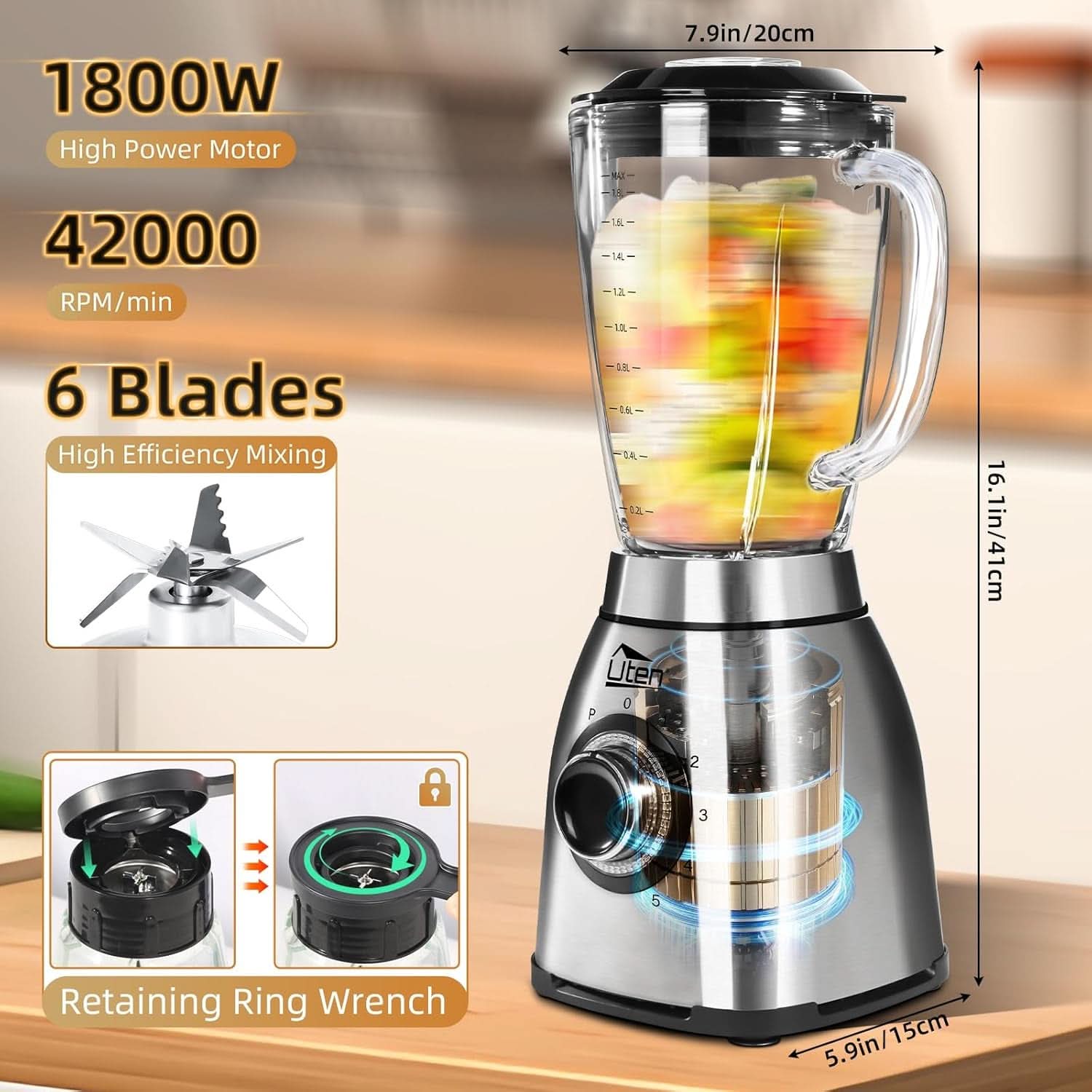 Uten Standmixer 2L, 1800 W Mixer Hochleistungsmixer, Pulse Und 5 Geschwindigkeiten, Edelstahlgehäuse, 6 Klingen, Macht Milchshake-Smoothies, Mahlbare Kaffeebohnen Mother and Child Naty Shop