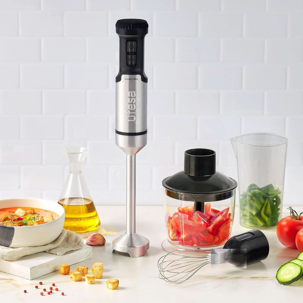 Ufesa Galaxy Max Stabmixer, Leistung 1200 W, 24 Geschwindigkeitsstufen + TURBO, 4 Hocheffiziente Klingen, Ergonomisches Und Spritzwassergeschütztes Design, Zubehör Inklusive, Bpa-Frei Roboti si Mixere Bucatarie Naty Shop