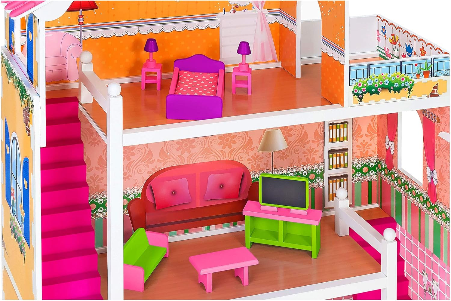 37916 - Domeček pro panenky - dřevo - 3 police, - 17 doplňků Domky pro panenky Naty Shop