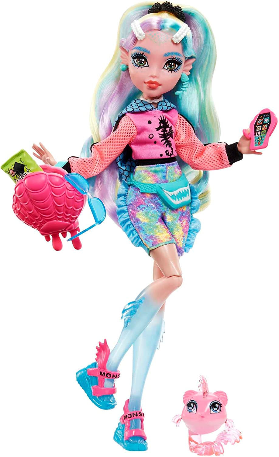 Păpușă MONSTER HIGH Lagoona Blue - hanorac roz, pantaloni scurți de bicicletă batik, sandale cu platformă, aripioare, accesorii, pentru copii cu vârsta peste 4 ani, HHK55 Papusi Naty Shop Albastru Lagoona