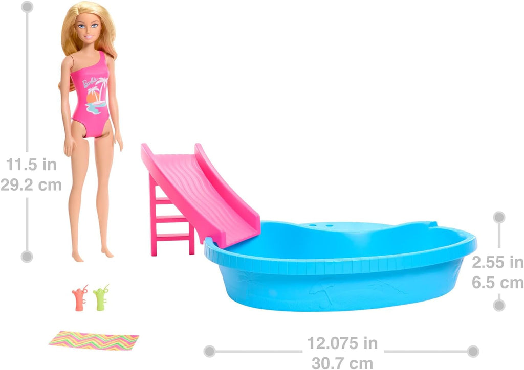 Păpușă Barbie și accesorii - piscină cu tobogan și accesorii pentru ore de distracție la soare, costum de baie roz cu design tropical, pentru copii de la 3 ani, HRJ74 Casute de papusi Naty Shop