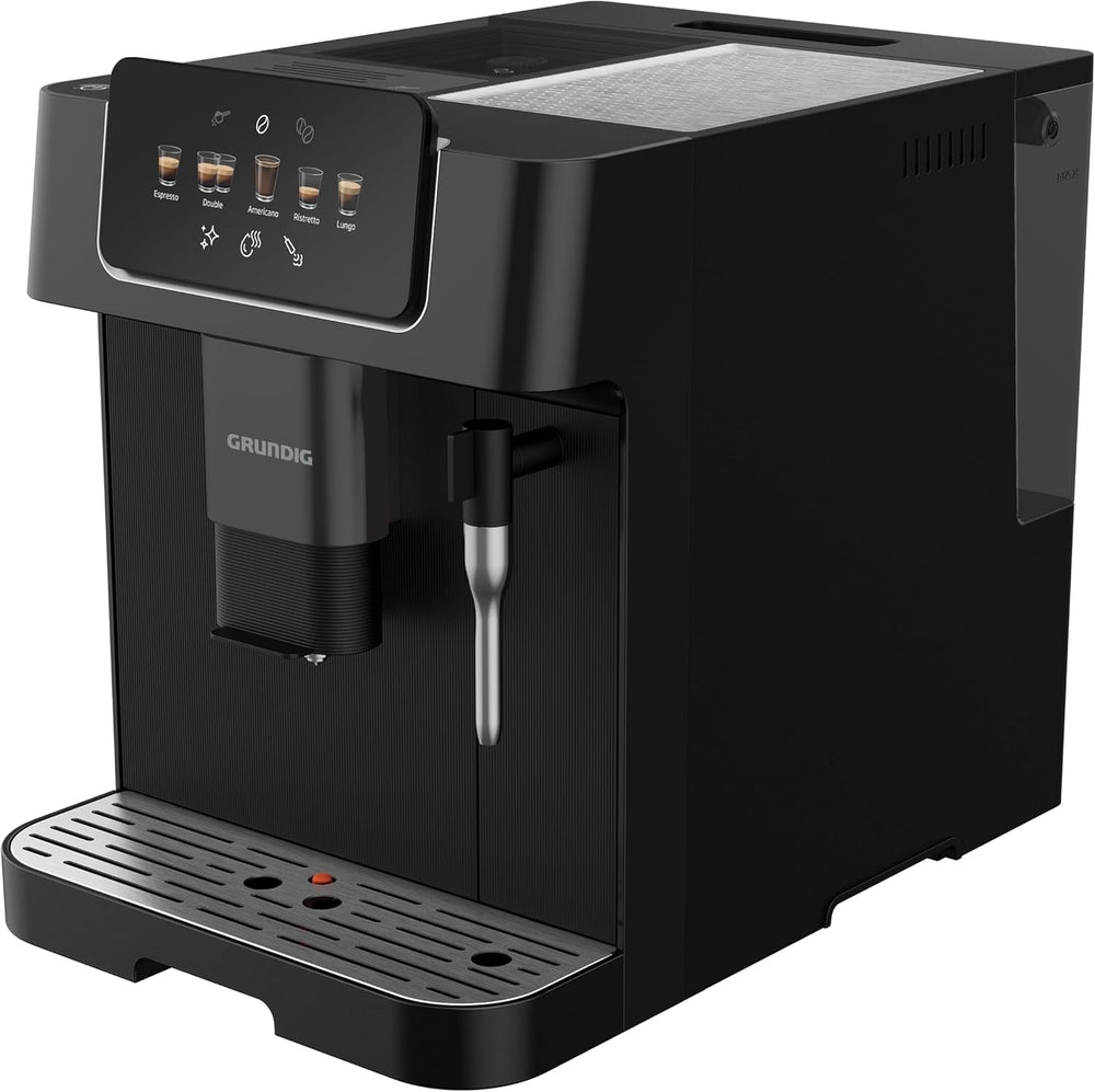 Espressor complet automat GRUNDIG KVA 6230 cu spumator de lapte, râșniță din oțel inoxidabil cu 13 setări de măcinare, recipient boabe 250 g, rezervor de apă detașabil de 2 litri, presiune pompă 19 bar, afișaj tactil, negru