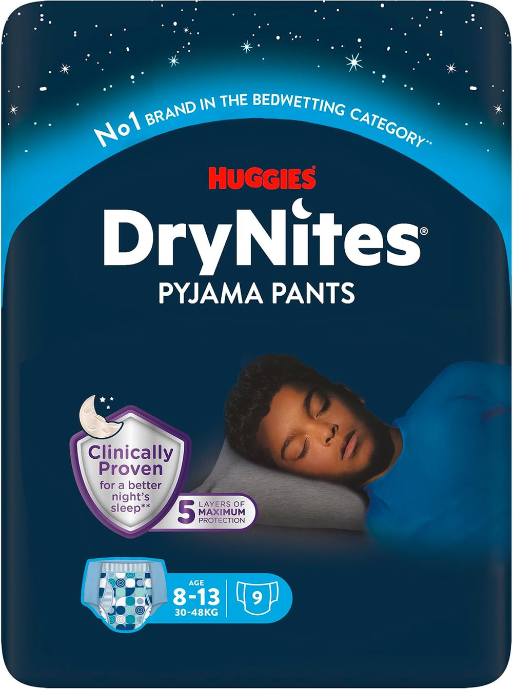 Super absorpční noční vlhčící pleny Huggies DryNites pro chlapce 8-13 let (30-48 kg) 27 (počet 3 x 9) kalhotkové plenky