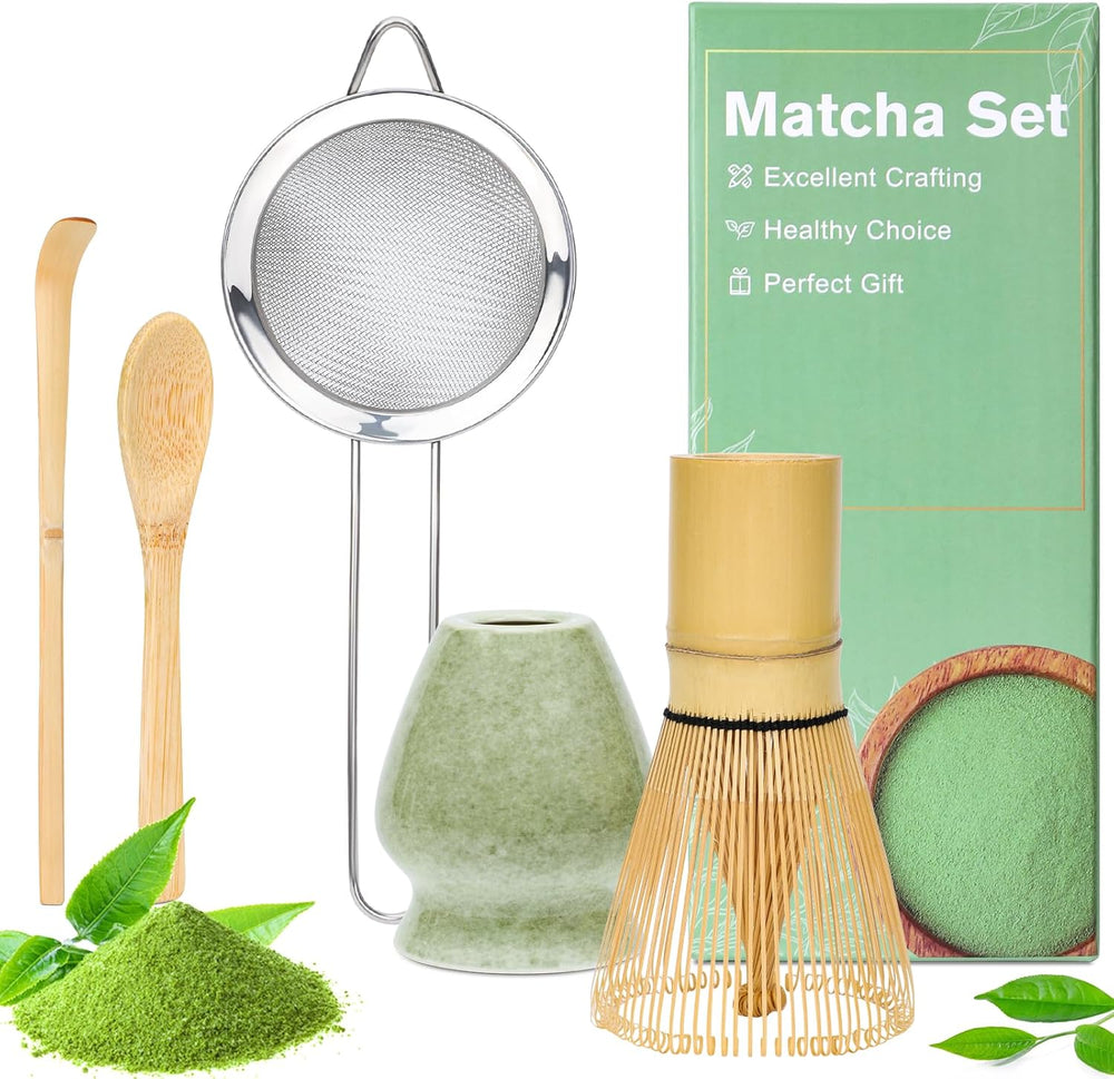 Set Matcha Alyvisun, Set de Ceai Matcha cu 5 Piese cu Tel Matcha și Suport pentru Tel Matcha, Linguriță, Lingură de Ceai, Set Tel Matcha pentru Iubitorii de Matcha, Ideal pentru Începători și Entuziaști