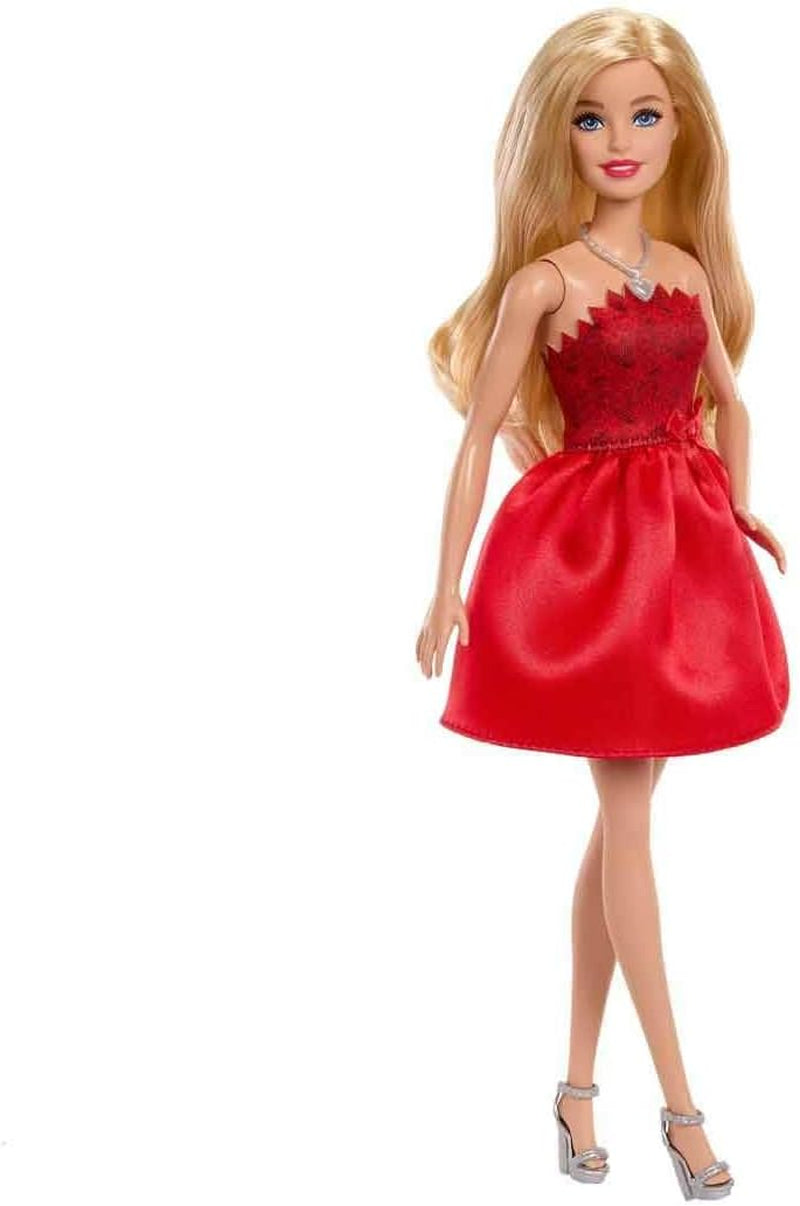 Mattel Rubinrote Blonde Barbie-Party-Modepuppe zum 80. Jubiläum roten Kleid mit silbernen Schuhen und Halskette, Sammelspielzeug, JGD25
