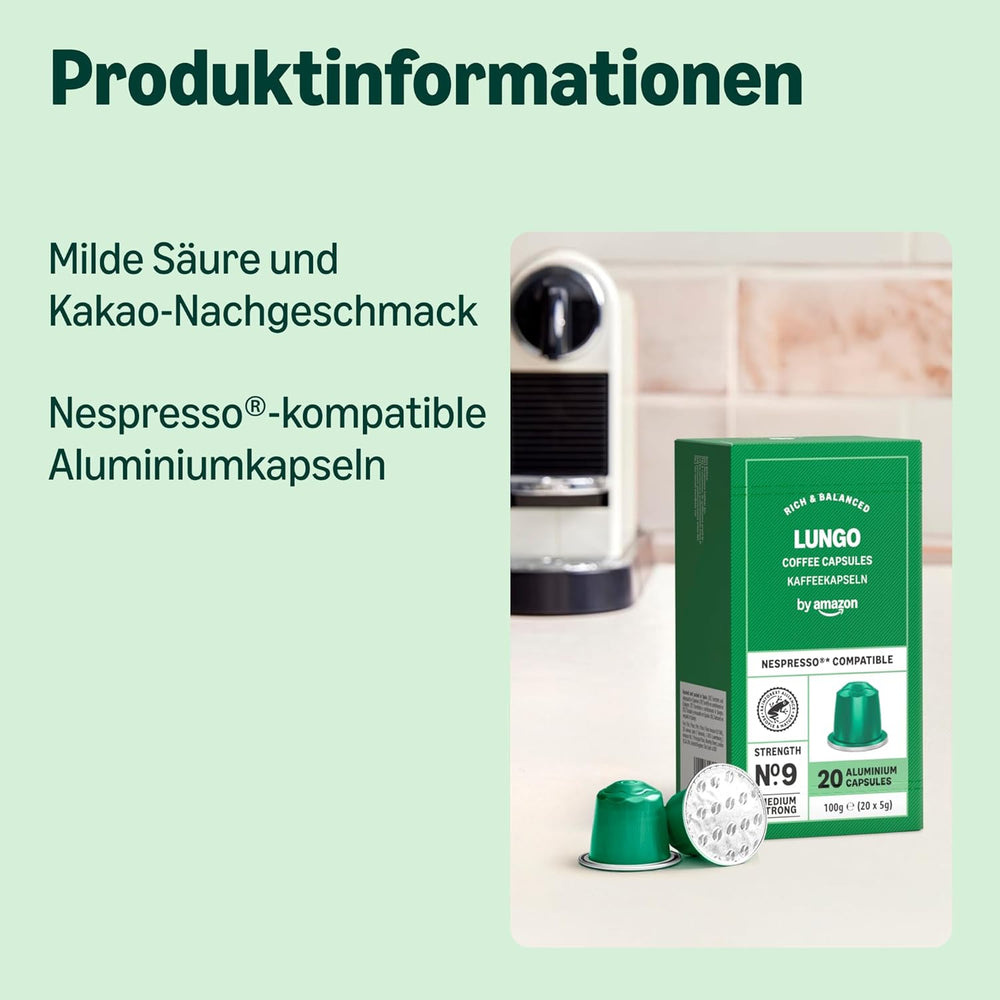 by Amazon Lungo Aluminium-Kaffeekapseln, kompatibel mit Nespresso, mittelgeröstet, 100 Stück (5 Packungen mit je 20 Stück) – Rainforest Alliance zertifiziert