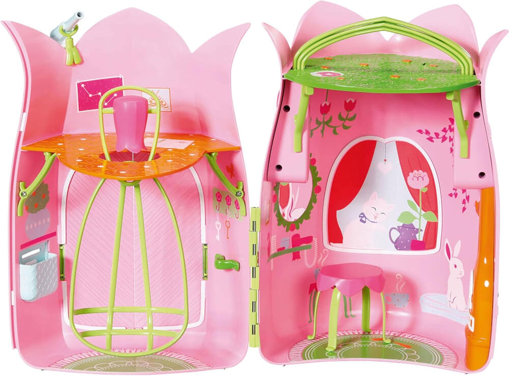 Pohádková chaloupka BABY Born, skládací domeček pro panenky 18 cm se stolkem, krbem, lenoškou a teleskopem, růžovo-zelená, 833803 Zapf Creation Dollhouses Naty Shop