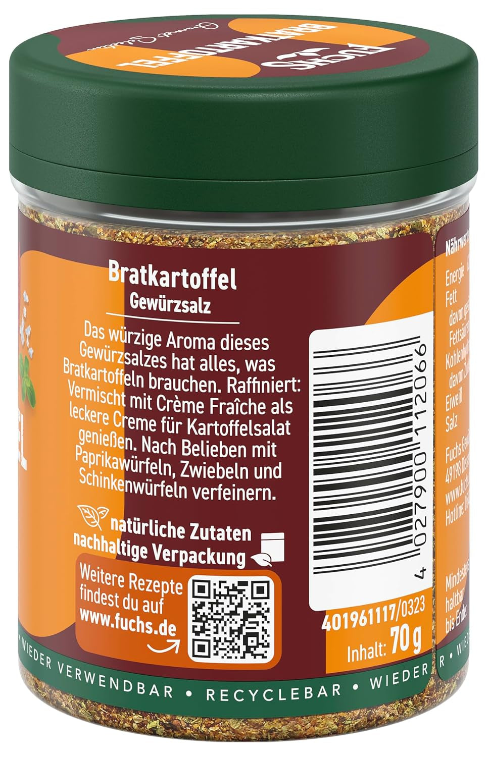 Fuchs Gourmet Selection Klassisch/Heimisch – Bratkartoffel Gewürzsalz, nachfüllbares Kartoffel Gewürz, Salz zum Würzen von Brat- & Ofenkartoffeln, Pommes Frites & Co, vegan, 70 g