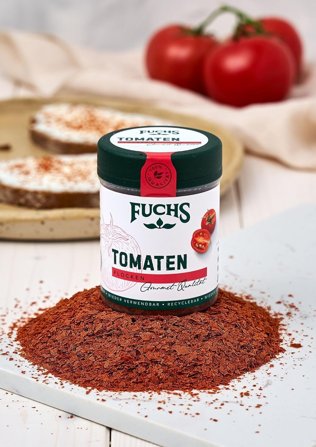 Fuchs Gewürze - Tomaten Flocken - Gewürz für Ofenfeta nebo tomatigen Geschmack in Saucen - přírodní ingredience - 40 g v wiederverwendbarer, recyclebarer Dávka