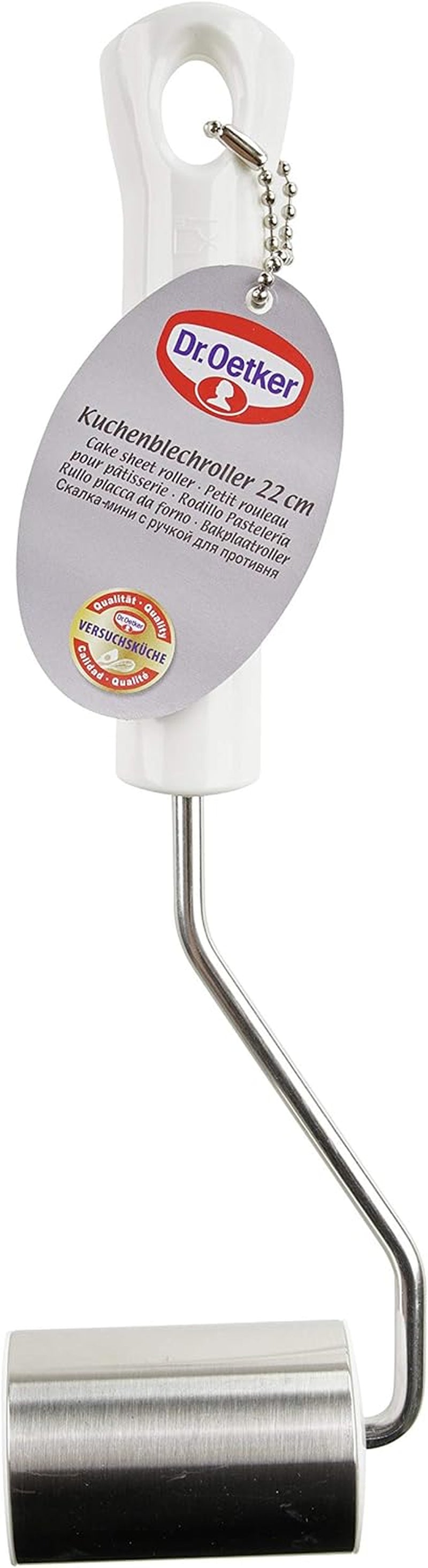 Dr. Oetker Kuchenblechroller 22 cm Classic, Eckenroller mit Funktionsteil aus Edelstahl, vysoce kvalitní Backform-Teigrolle mit Antihafteigenschaften (Farbe: Silver/Weiß), Menge: 1 Stück, 22 x 5 x 3,5 cm