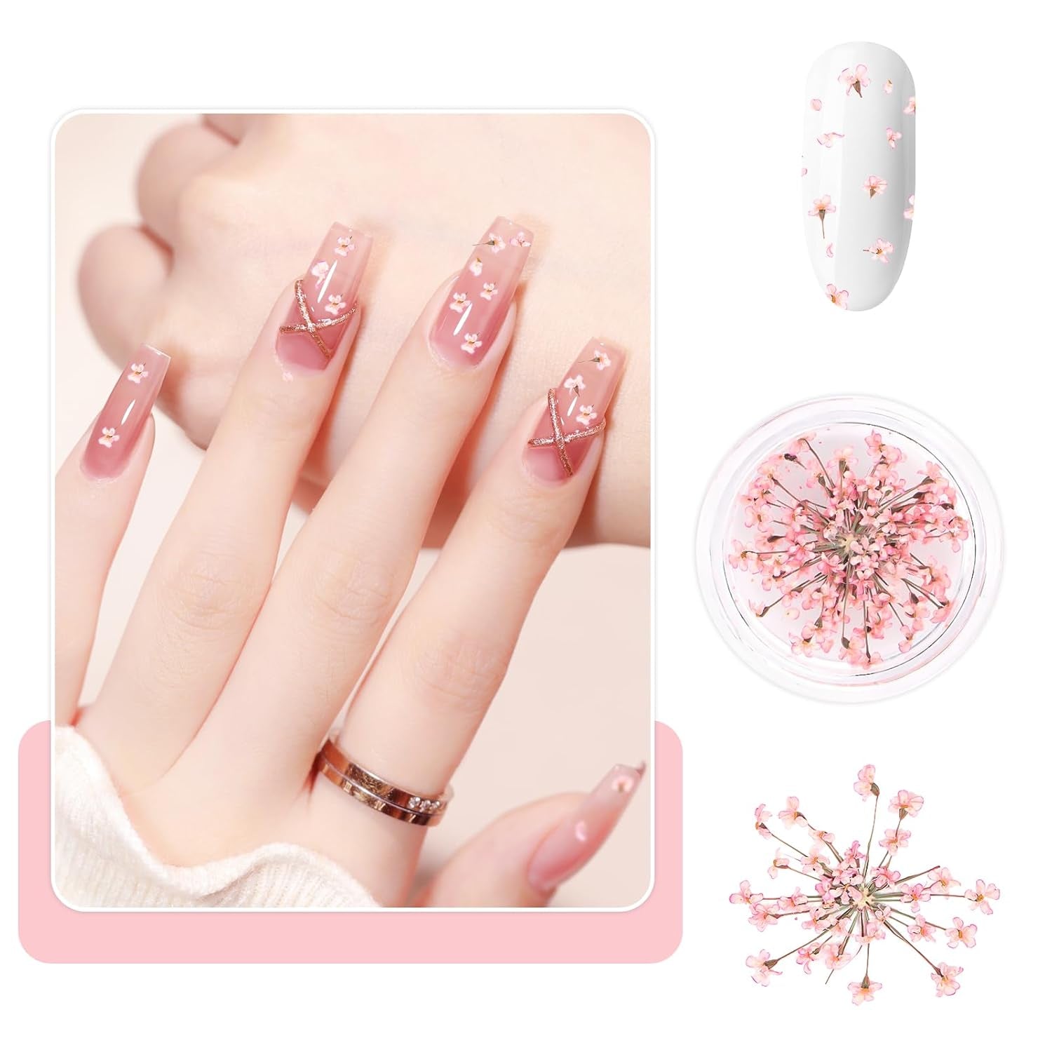 Nail Art Flowers Set Decoration - Gelnägel Zubehör 3 Farben(Orange,Blassrosa,Rose),Nail Art Aufkleber Trockene Blumen Kit Getrocknete Blumen Zubehör Set DIY Nageldekoration