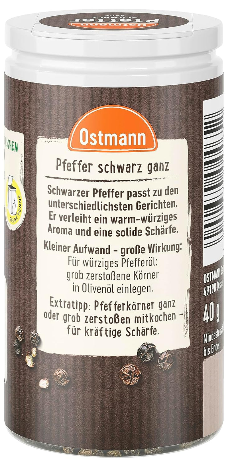 Ostmann Gewürze - Pfeffer schwarz ganz | 40 g v Der Streudose