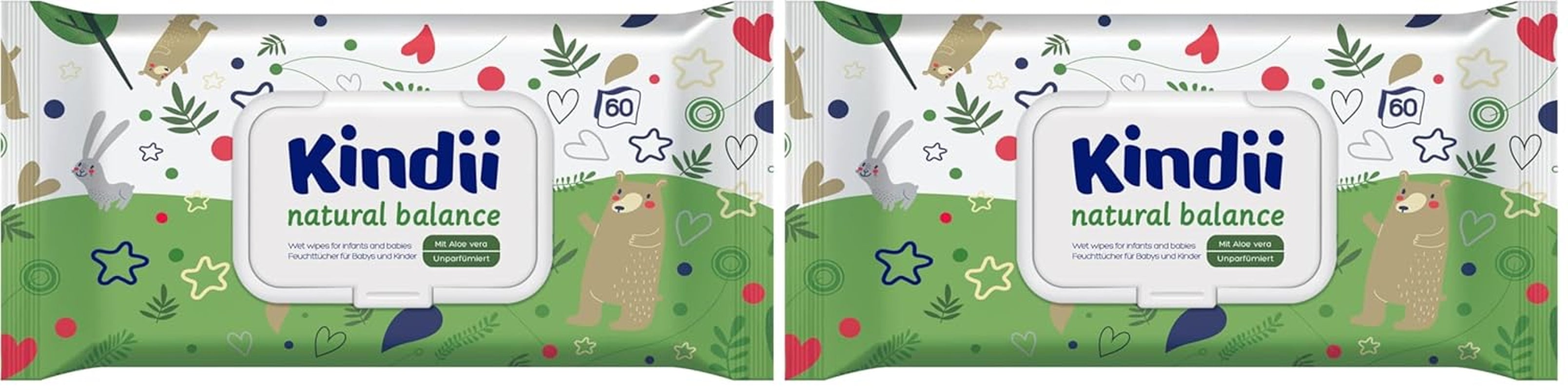 Șervețele umede Kindii Natural Balance pentru bebeluși – (1 x 60 buc.) Șervețele umede pentru bebeluși și copii – Protectoare, Aloe Vera, Parfum delicat – 60 buc.