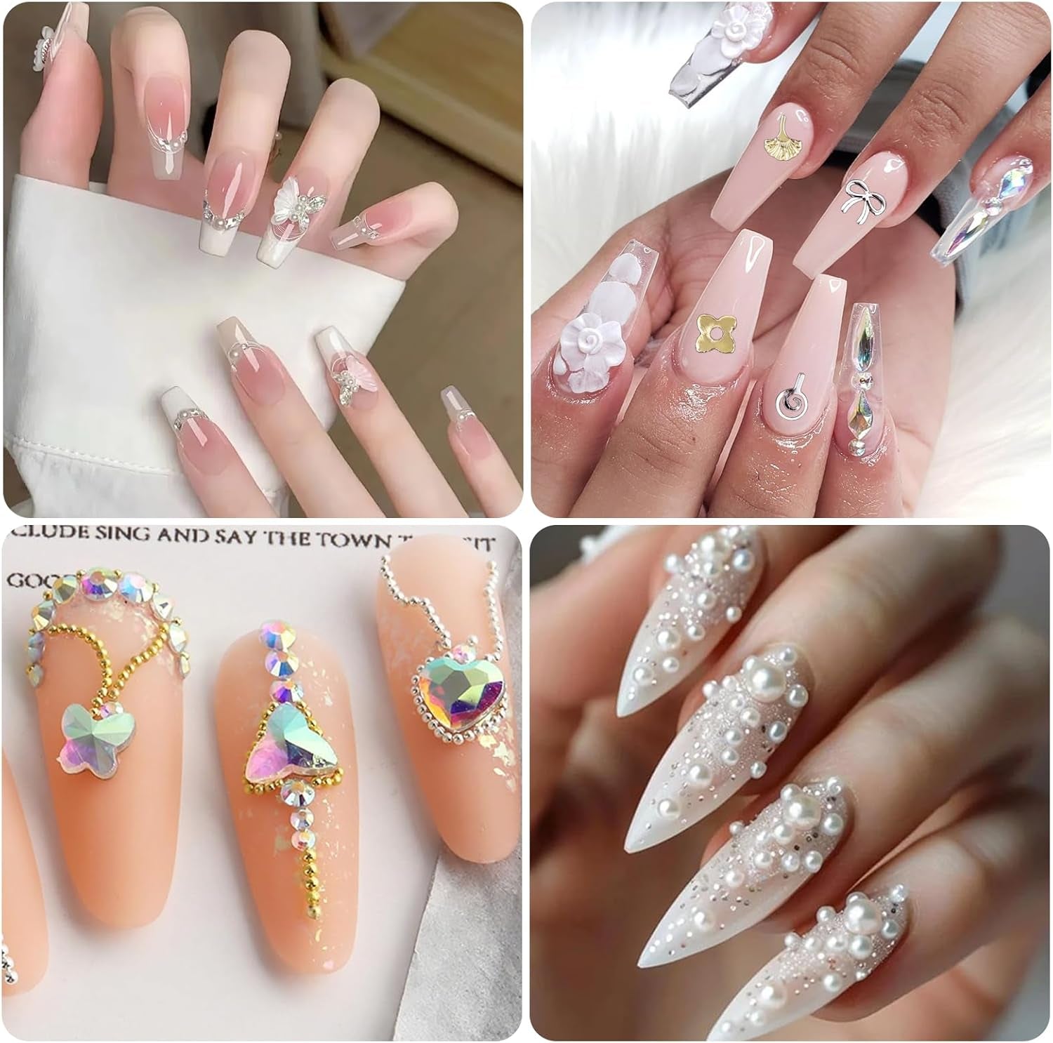 Set de 4 cutii pentru brelocuri pentru unghii - 48 de tipuri de brelocuri 3D aurii și argintii pentru unghii (fluturi, flori, perle etc.) + pensetă și stilou - pentru unghii cu gel și acrilice DIY | Ideal pentru salon de unghii și acasă