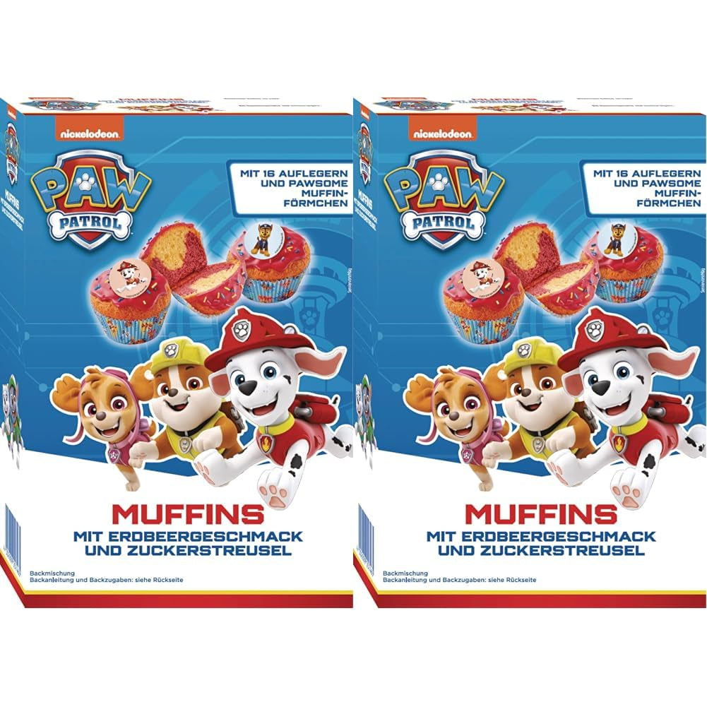 RUF X Paw Patrol Muffin Backmischung Mit Erdbeer-Geschmack, Für 12 Paw Patrol Muffins, Inkl.16 Oblaten-Auflegern Und Pawsome Muffin-Förmchen, 1 X 394G Naty Shop 392 G (2Er Pack) Muffiny