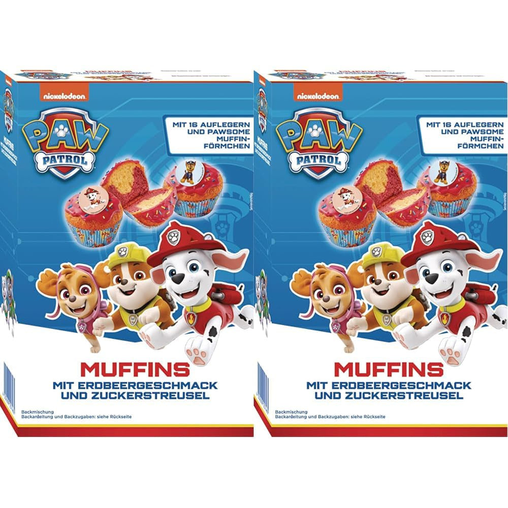 RUF X Paw Patrol Muffin Backmischung Mit Erdbeer-Geschmack, Für 12 Paw Patrol Muffins, Inkl.16 Oblaten-Auflegern Und Pawsome Muffin-Förmchen, 1 X 394G Naty Shop 392 G (2Er Pack) Muffiny