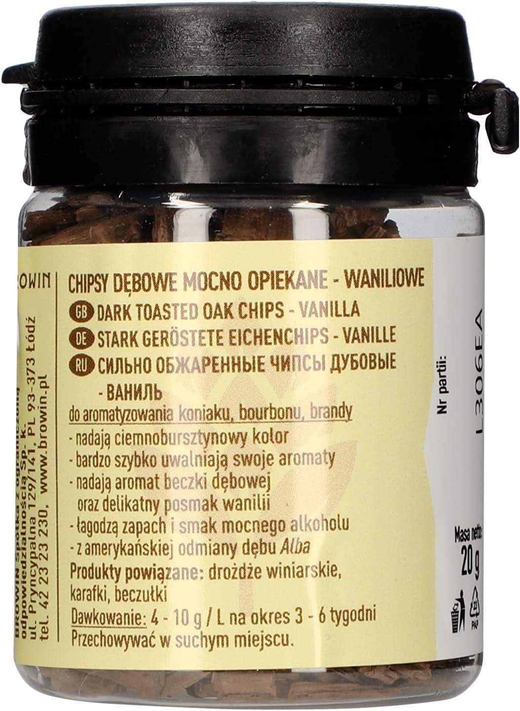 Browin Strong pražené dubové chipsy 20g - vločky, jemné dubové tyčinky na dochucení alkoholu, hnědé Příchutě Naty Shop 20g Vanilka