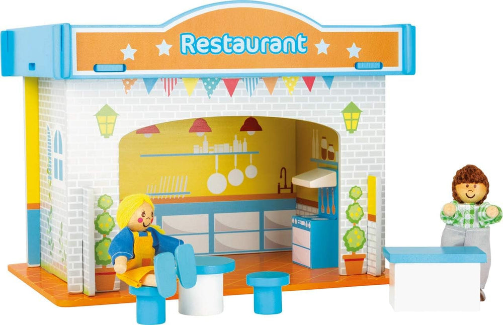 Small Foot 10852 Playhouse Restaurant Vyrobeno ze dřeva, Se 2 figurkami panenek, doplňky a odnímatelnou střechou, Od 3 let Domky pro panenky Naty Shop
