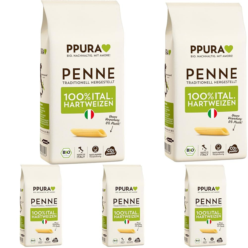 PPURA Organic Durum Wheat Penne Pasta 500g, 100% přírodní tubulární těstoviny, Made in Italy - italské těstoviny bez přísad, barviv a konzervantů