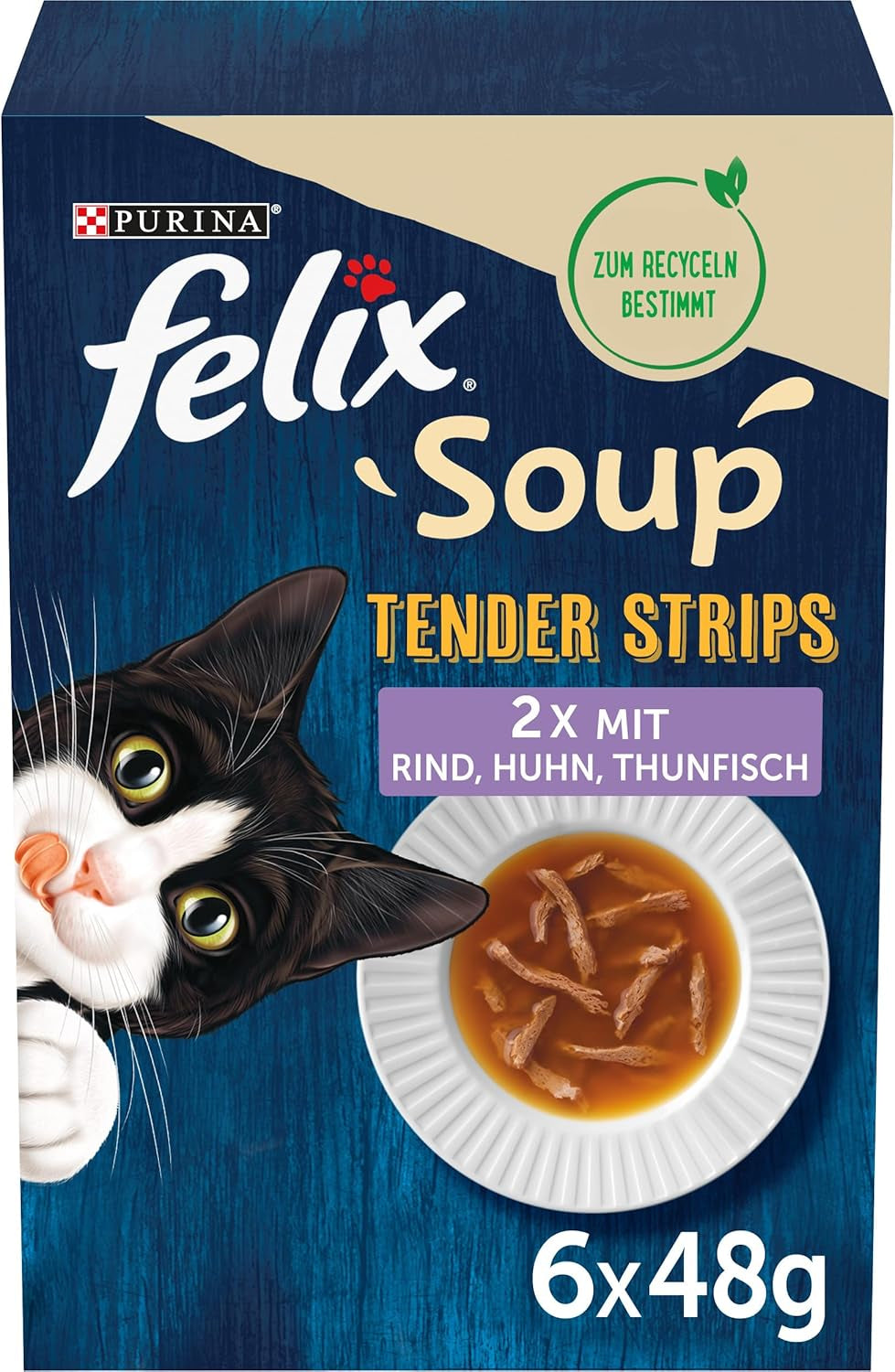 Felix Soup Strips, supă pentru pisici, varietate mixtă, pachet de 8 (8 x 6 pliculețe a câte 48 g fiecare)