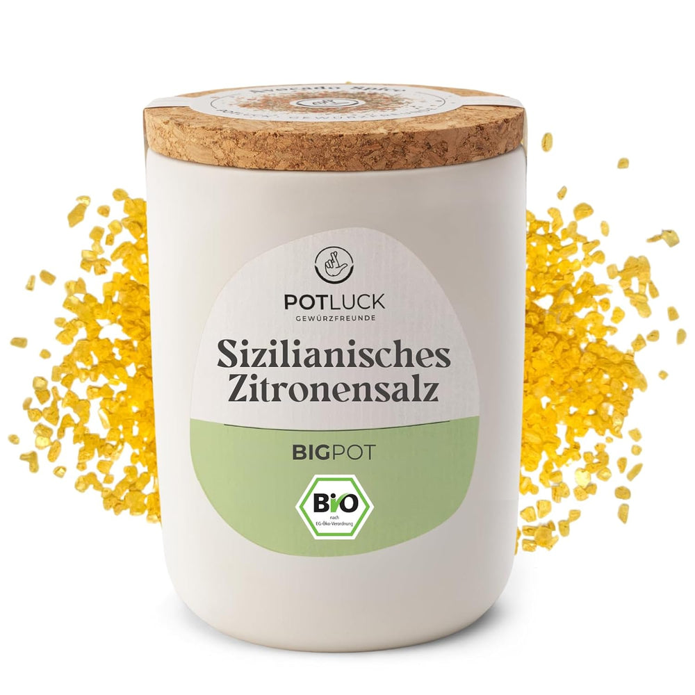Potluck | Bio Sizilianisches Zitronensalz | Gewürzsalz für Fisch, Meeresfrüchte, Gemüse, salát a dresinky | 140 g v Keramiktopfu