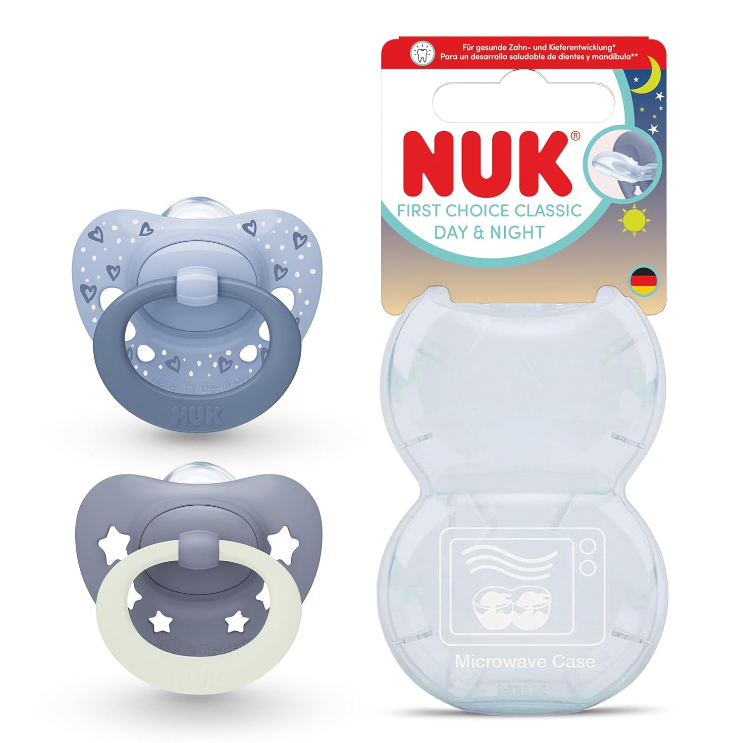 Suzete NUK First Choice Classic Day & Night pentru bebeluși | 6-18 luni | Suzete ortodontice care strălucesc în întuneric | Acceptare 95% de către bebeluși** | Albastru | Pachet de 2