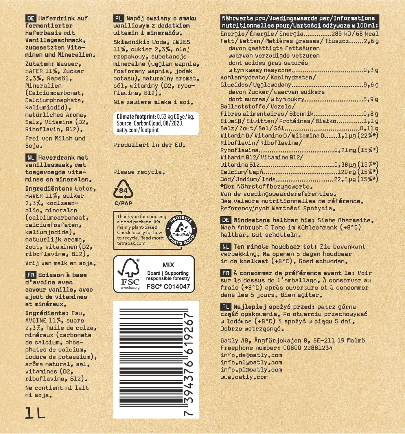 Oatly Haferdrink Vanille 1L (6er-balení)