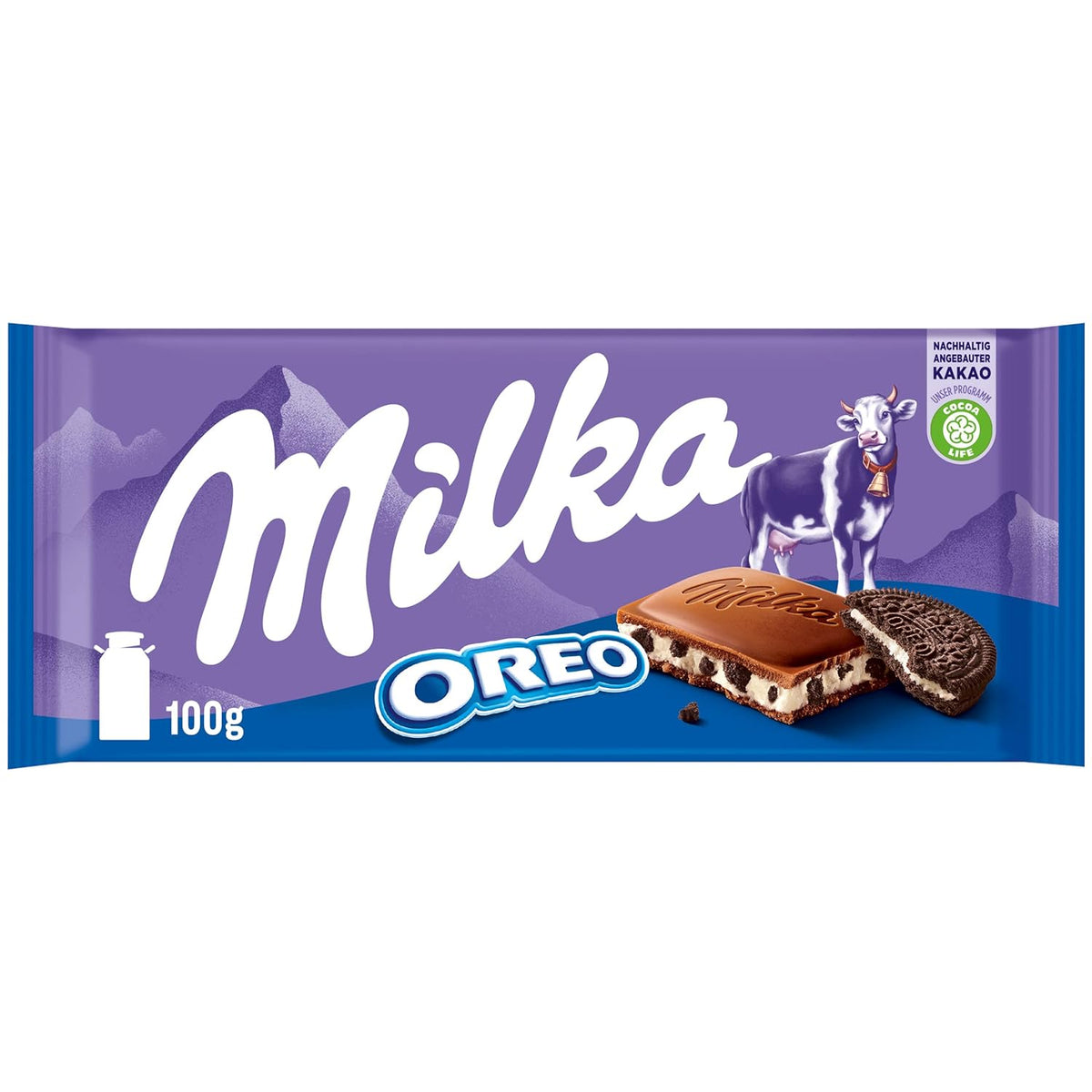 Milka Oreo – Čokoláda z alpského mléka plněná křupavými kousky Oreo sušenek a jemným vanilkovým krémem – 100g