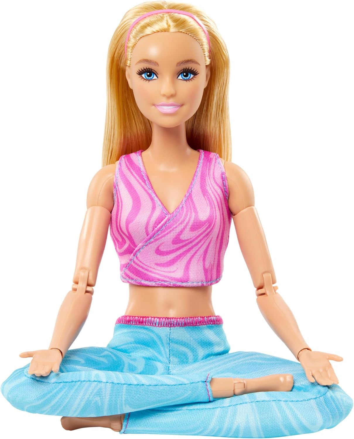 Păpușă Barbie Made-To-Move Fashion cu păr blond, top sport roz detașabil și pantaloni yoga albaștri, 22 de articulații mobile", HRH27, [Multicolor] Papusi Naty Shop