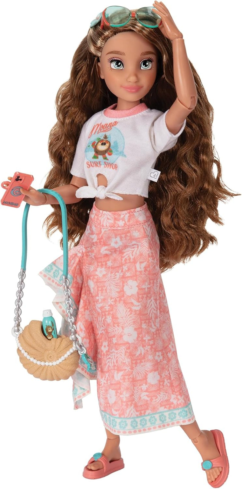 Păpușă Vaiana cu accesorii, 29 cm, 13 puncte de articulație, licențiată oficial de Jakks Pacific. Completă cu accesorii combinabile și un inel strălucitor cu Mickey!