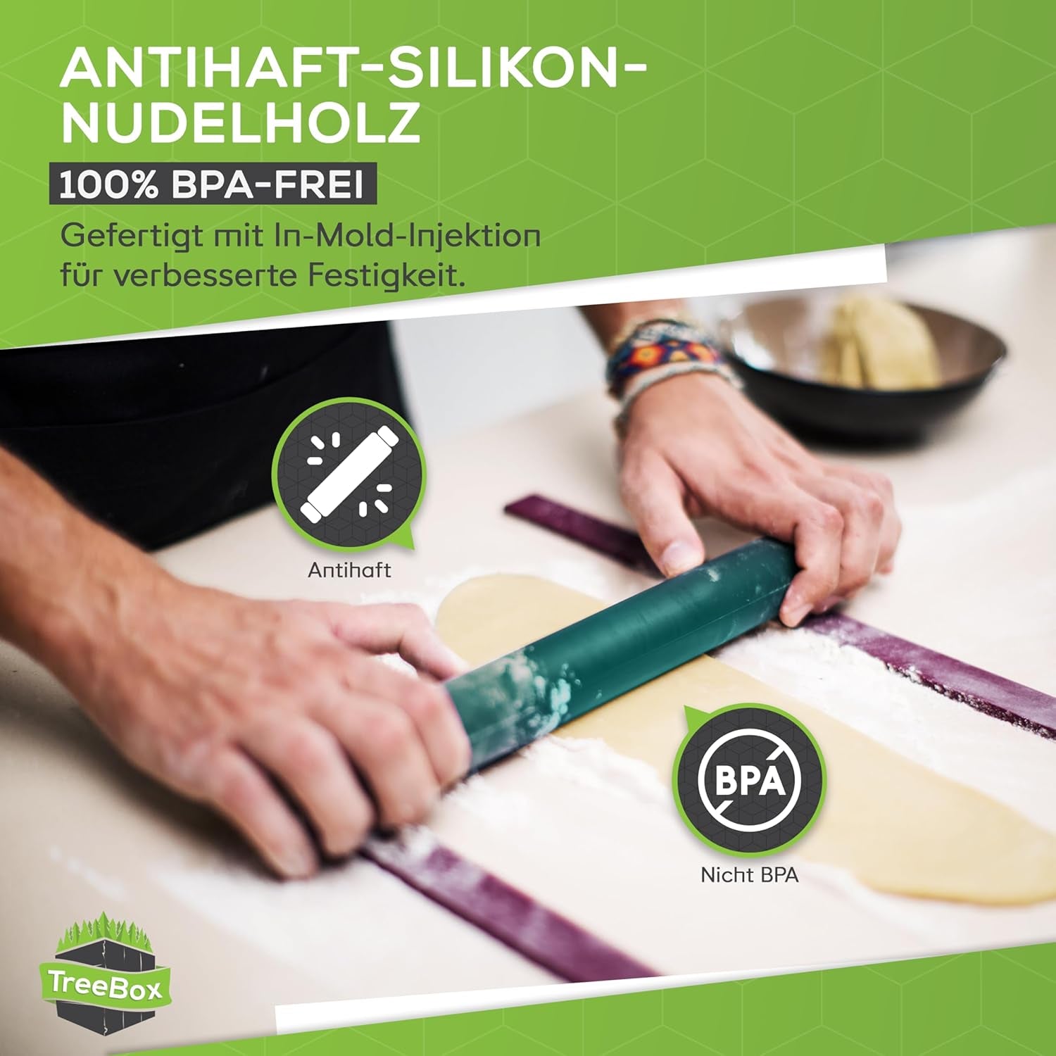 Nudelholz - Teigroller aus Silikon und Edelstahl - Modernes Nudelholz bez Griffe mit Antihaftwirkung, Fondant und Teig im Handumdrehen ausrollen, Backutensilien