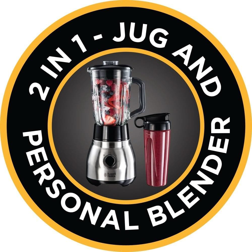 Russell Hobbs Standmixer 2-v-1 [1,5L Glasbehälter Mixer & 0,6L Mini Smoothie Maker -To-Go-Trinkflasche Inkl. Deckel] Spülmaschinenfest, Impuls-/Ice-Crush Funktion, Becher BPA Frei, Edelstahl 23821-56 Kitchen Naty Shop