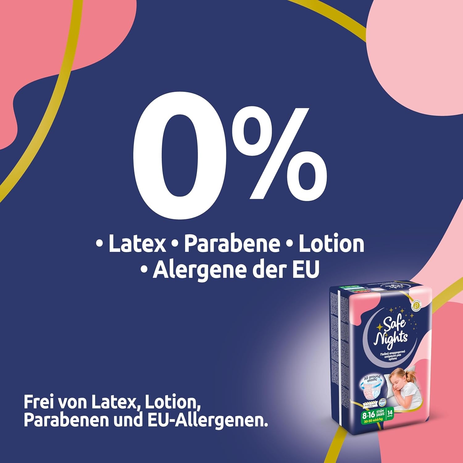 Safe Nights Girl, Dívčí 8-16 let (30-50 kg), Absorpční noční prádlo, 14 balení