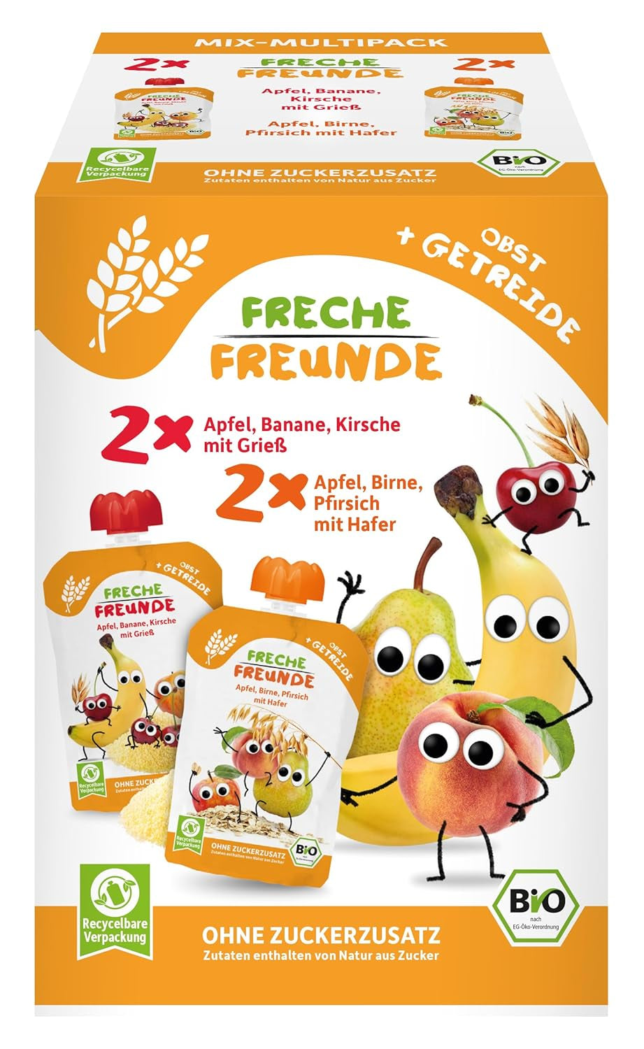 FRECHE FREUNDE Bio Mix ve vícebalném lisovatelném sáčku - ovoce + cereálie, Ovocné pyré s cereáliemi v lisovatelném sáčku pro miminka od 6 měsíců, veganské, balení 3, 3 x (4 x 100 g)